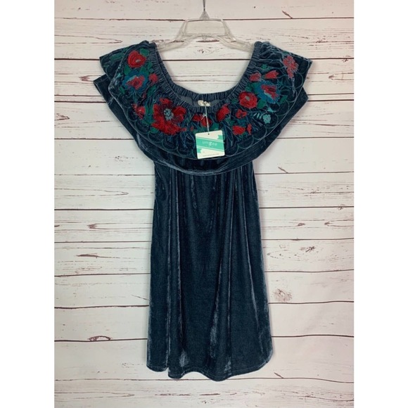 Umgee Dresses & Skirts - Umgee Boutique Women’s M Medium Blue Floral Embroidery Velour Dress NEW TAGS